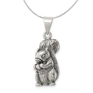 Sterling Silver Large Antiqued Squirrel with Nut Necklace - 18 Inch